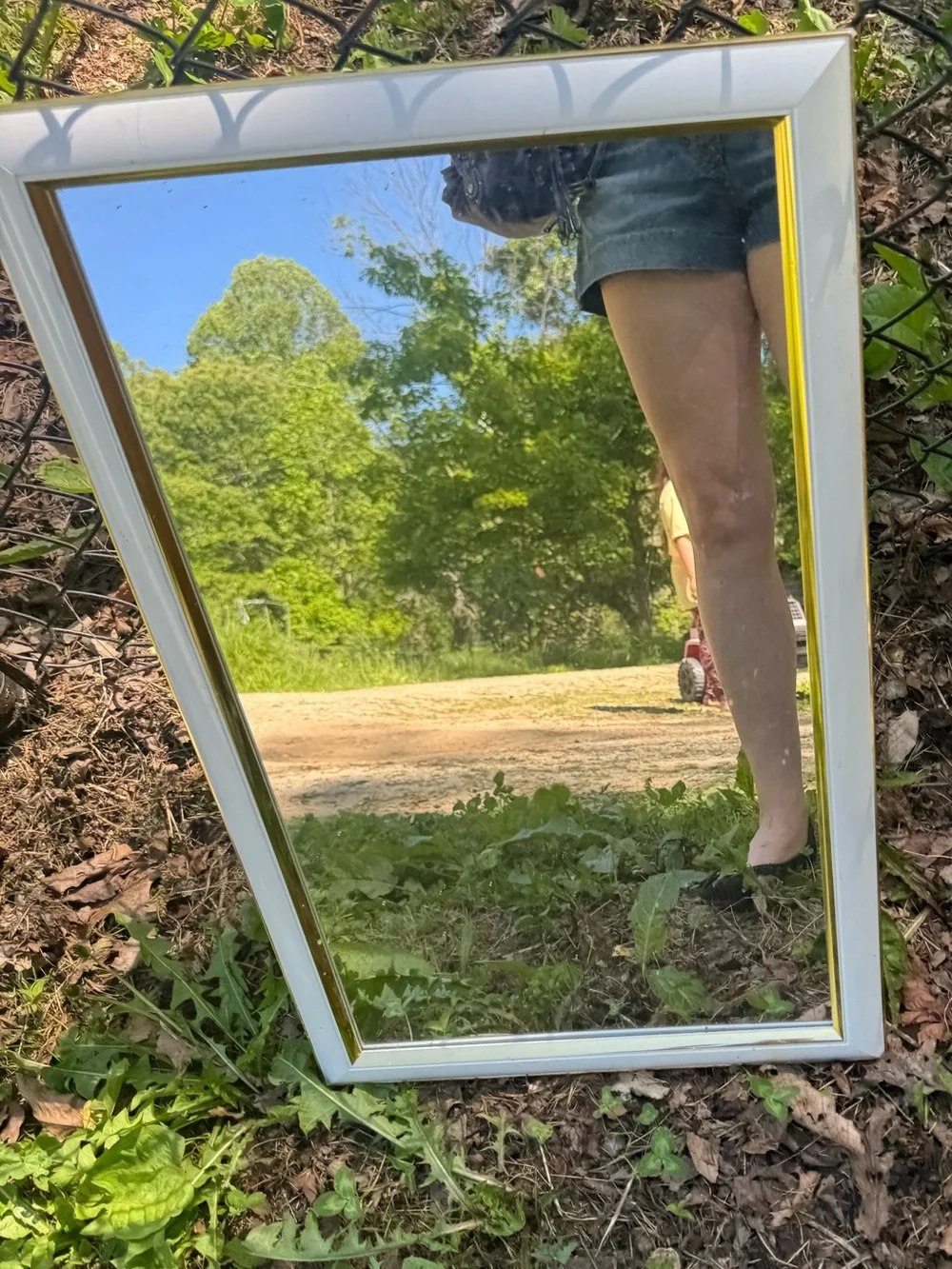 White Framed Wall Mirror with Gold Trim